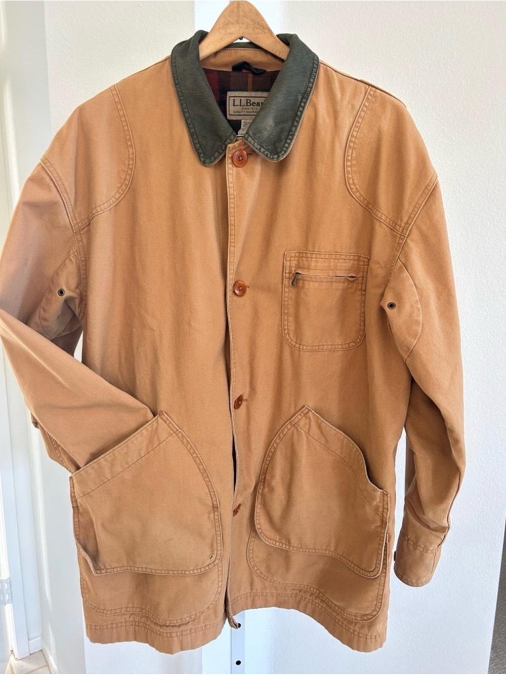 Vintage L.L. Bean Tan Canvas Field Jacket with Dark Green Collar